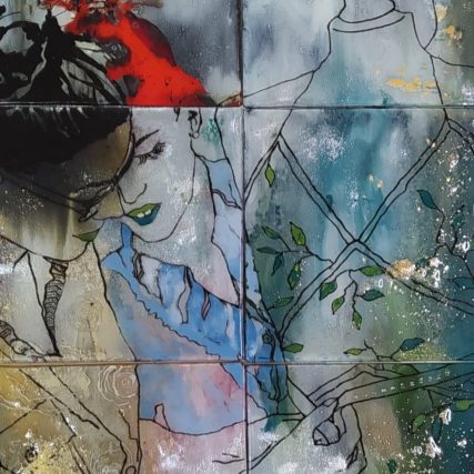 Las modistas -Pintura en vidrio, horneada utilizando esmaltes y grisallas - 99 x 72 cm